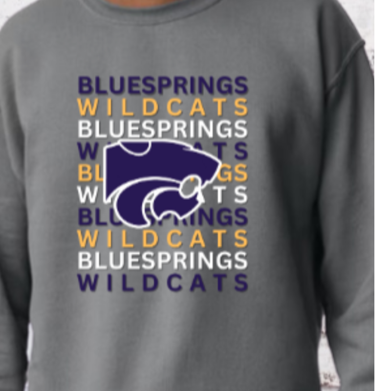 Blue Springs Wildcats Stacked [White or Solid Asphalt Blend/Charcoal Tee, White or Charcoal Gildan Crewneck or Hoodie]  Main Image